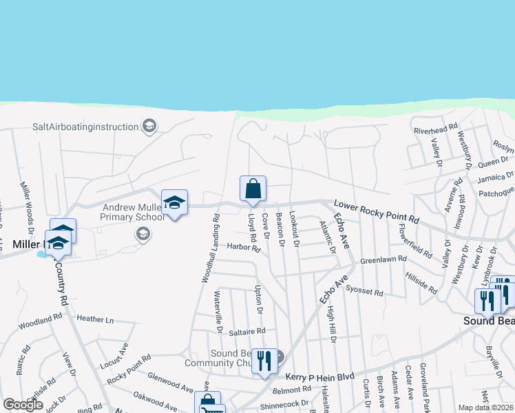 map of restaurants, bars, coffee shops, grocery stores, and more near 283 Lower Rocky Point Road in Sound Beach