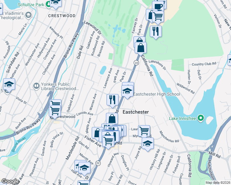 map of restaurants, bars, coffee shops, grocery stores, and more near 10 Apple Court in Eastchester