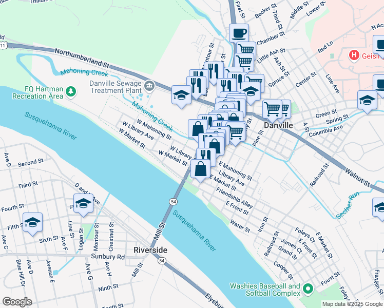 map of restaurants, bars, coffee shops, grocery stores, and more near 107 West Mahoning Street in Danville