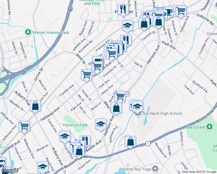 map of restaurants, bars, coffee shops, grocery stores, and more near 76 Thatcher Avenue in Harrison