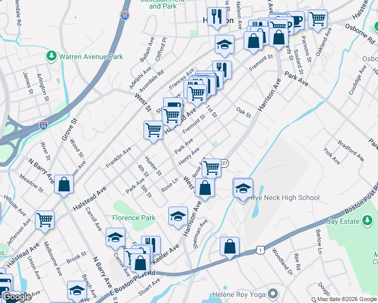 map of restaurants, bars, coffee shops, grocery stores, and more near 76 Thatcher Avenue in Harrison