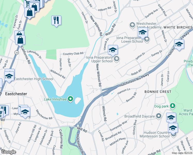 map of restaurants, bars, coffee shops, grocery stores, and more near 234 New Wilmot Road in New Rochelle