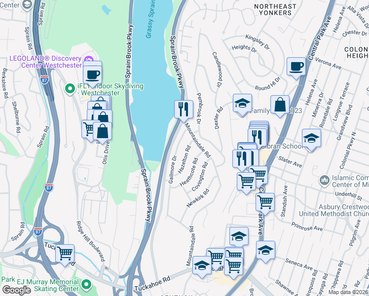 map of restaurants, bars, coffee shops, grocery stores, and more near 65 Hazelton Road in Yonkers
