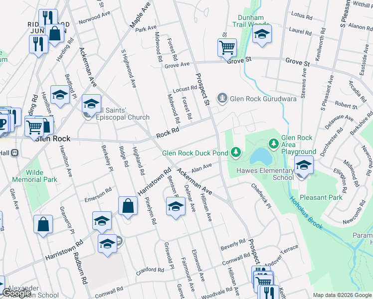 map of restaurants, bars, coffee shops, grocery stores, and more near 66 East Gramercy Place in Glen Rock