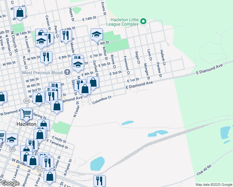 map of restaurants, bars, coffee shops, grocery stores, and more near 524 East Diamond Avenue in Hazleton