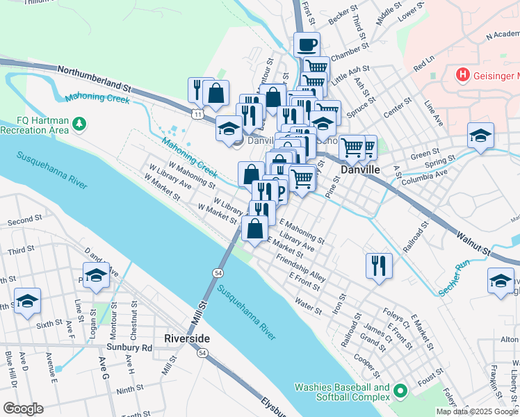 map of restaurants, bars, coffee shops, grocery stores, and more near 243 Rooney Avenue in Danville
