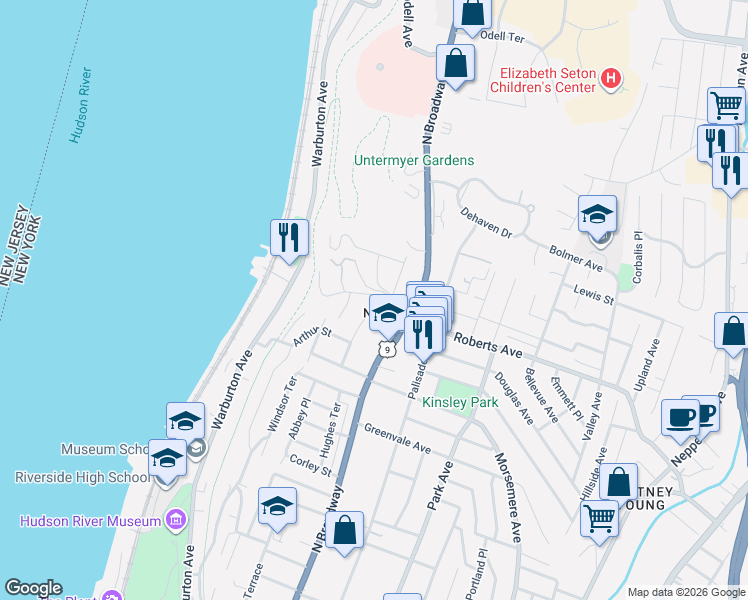 map of restaurants, bars, coffee shops, grocery stores, and more near 141 Robert Lane in Yonkers