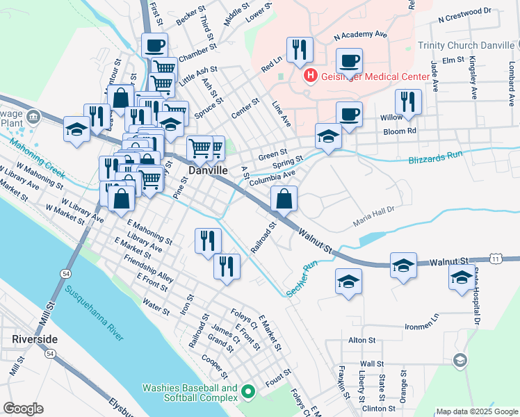 map of restaurants, bars, coffee shops, grocery stores, and more near 574 Walnut Street in Danville