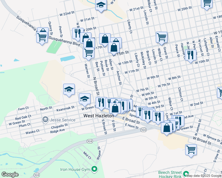 map of restaurants, bars, coffee shops, grocery stores, and more near 52 West Madison Avenue in West Hazleton