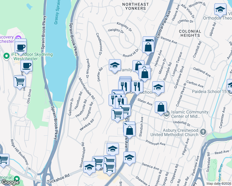 map of restaurants, bars, coffee shops, grocery stores, and more near 43 Montclair Road in Yonkers