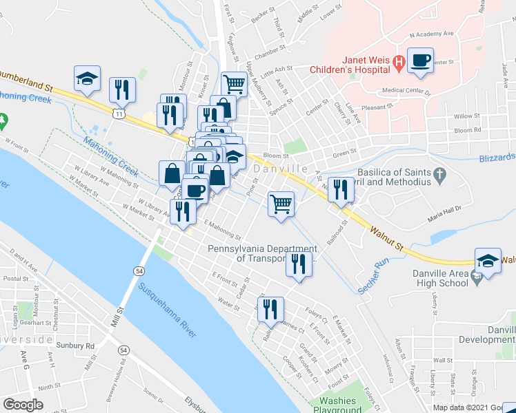 map of restaurants, bars, coffee shops, grocery stores, and more near 521 Church Street in Danville