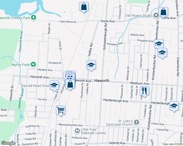 map of restaurants, bars, coffee shops, grocery stores, and more near 205 Valley Road in Haworth