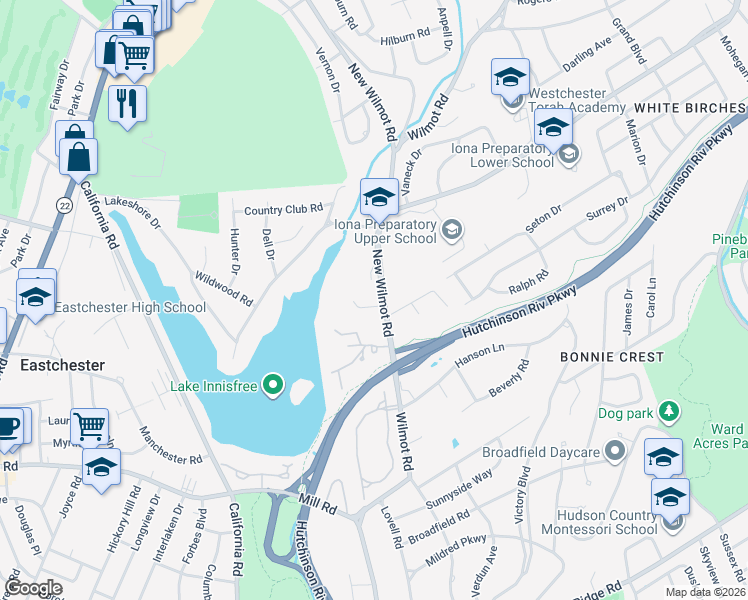 map of restaurants, bars, coffee shops, grocery stores, and more near 234 New Wilmot Road in New Rochelle