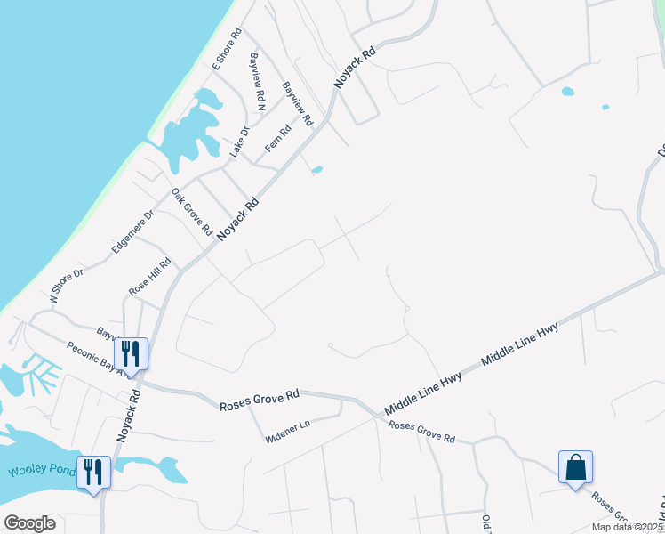 map of restaurants, bars, coffee shops, grocery stores, and more near 67 Woodland Drive in Southampton