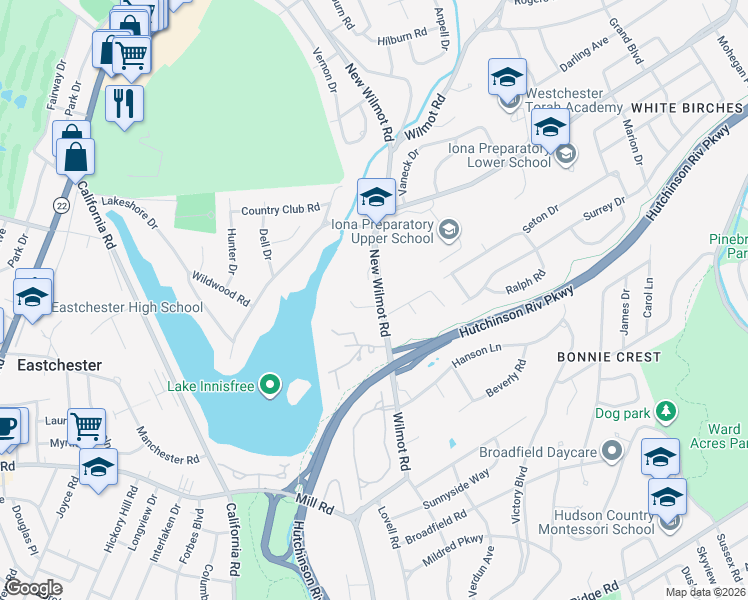 map of restaurants, bars, coffee shops, grocery stores, and more near 234 New Wilmot Road in New Rochelle