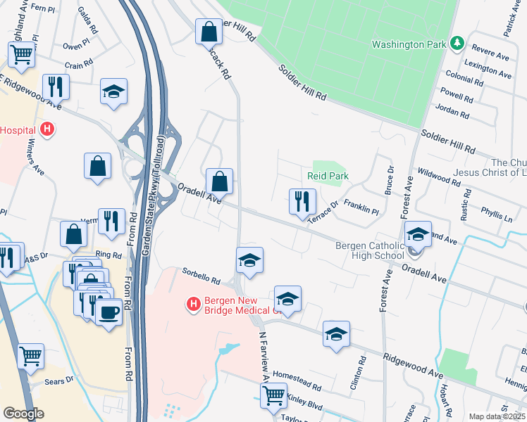 map of restaurants, bars, coffee shops, grocery stores, and more near 249 Oradell Avenue in Paramus