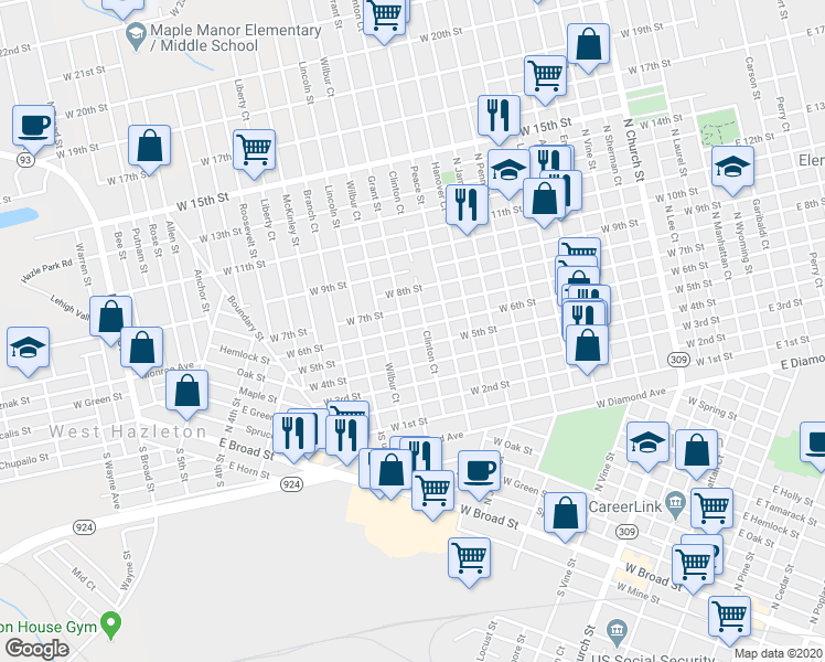 map of restaurants, bars, coffee shops, grocery stores, and more near 604 Peace Street in Hazleton
