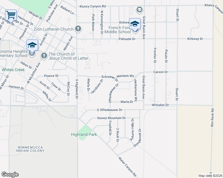 map of restaurants, bars, coffee shops, grocery stores, and more near 3258 Foothill Drive in Winnemucca