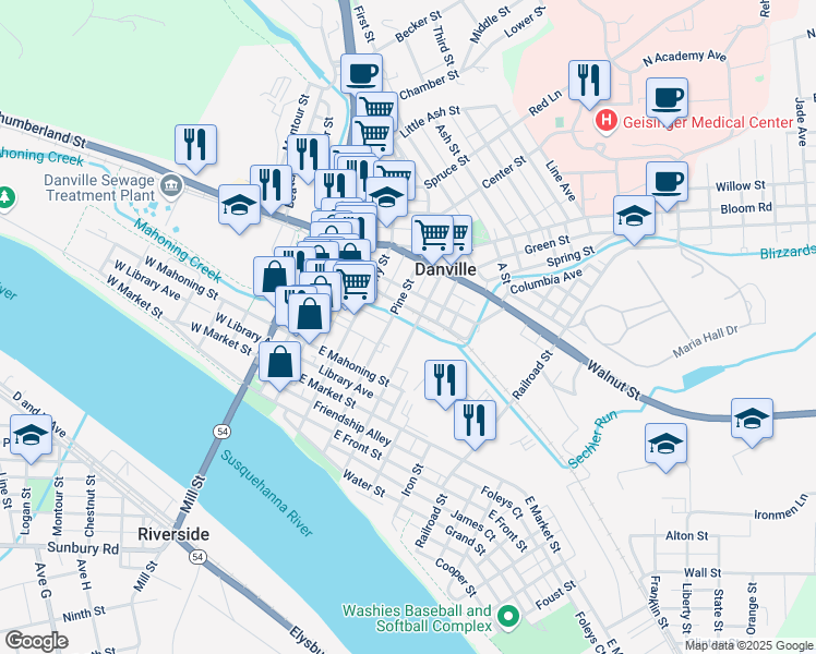 map of restaurants, bars, coffee shops, grocery stores, and more near 521 Church Street in Danville