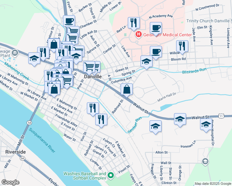 map of restaurants, bars, coffee shops, grocery stores, and more near 574 Walnut Street in Danville