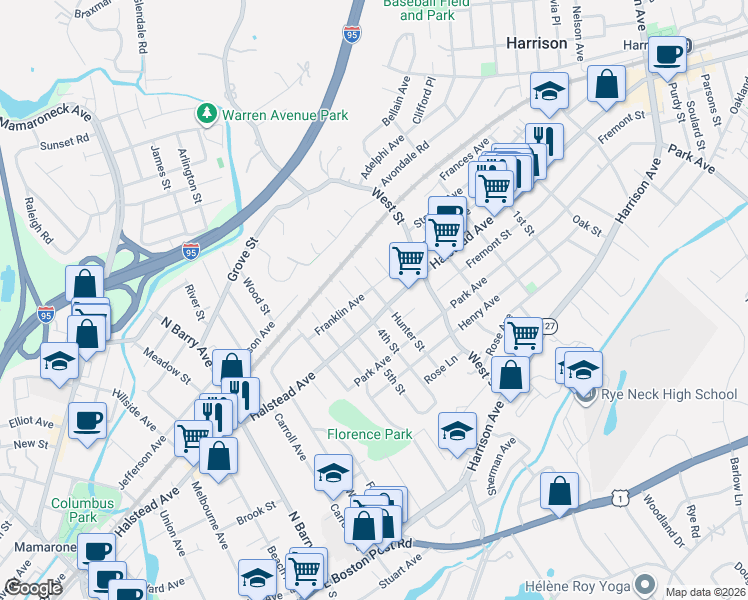 map of restaurants, bars, coffee shops, grocery stores, and more near 1414 Franklin Avenue in Mamaroneck