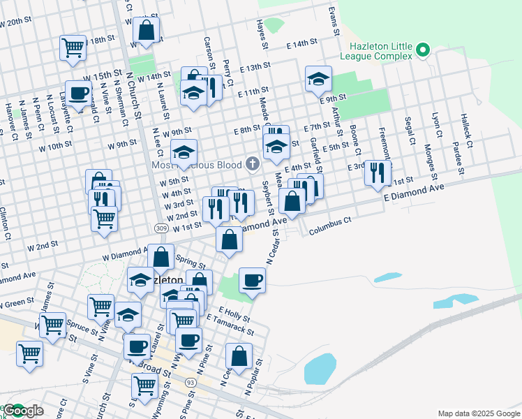 map of restaurants, bars, coffee shops, grocery stores, and more near 529 Carson Street in Hazleton
