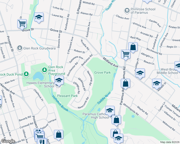 map of restaurants, bars, coffee shops, grocery stores, and more near 665 Newcomb Road in Ridgewood
