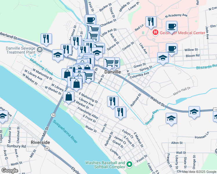 map of restaurants, bars, coffee shops, grocery stores, and more near 325 Arch Street in Danville