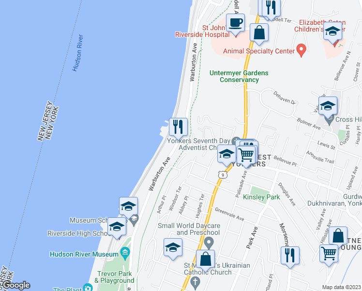 map of restaurants, bars, coffee shops, grocery stores, and more near 766 Warburton Avenue in Yonkers