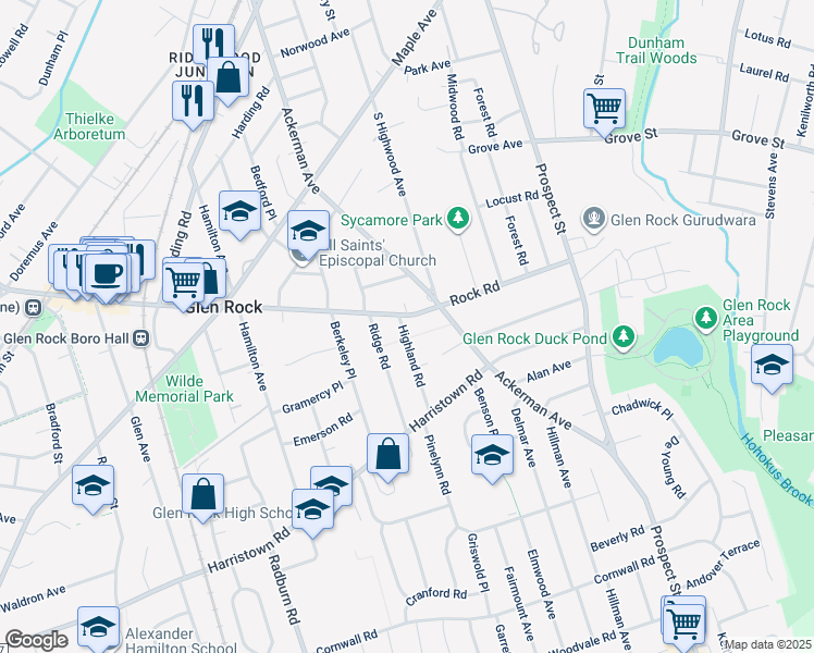 map of restaurants, bars, coffee shops, grocery stores, and more near 472 Rock Road in Glen Rock
