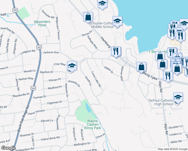 map of restaurants, bars, coffee shops, grocery stores, and more near 26 Dalewood Drive in Wayne