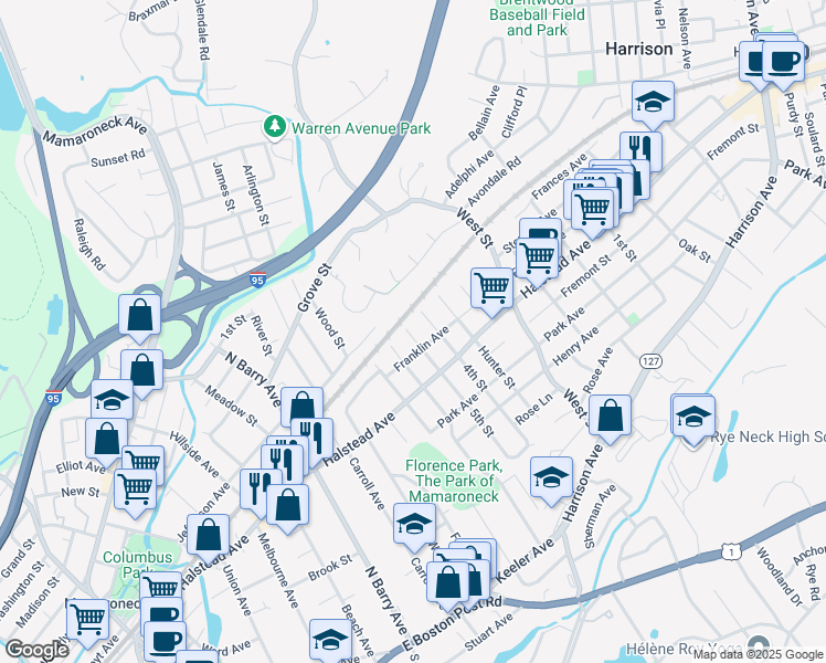 map of restaurants, bars, coffee shops, grocery stores, and more near 525 5th Street in Mamaroneck