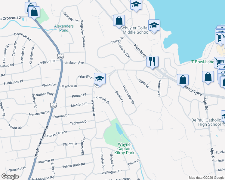 map of restaurants, bars, coffee shops, grocery stores, and more near 47 Smith Lane in Wayne