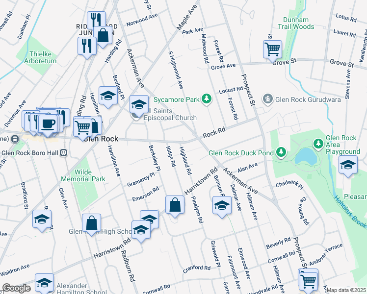 map of restaurants, bars, coffee shops, grocery stores, and more near 472 Rock Road in Glen Rock