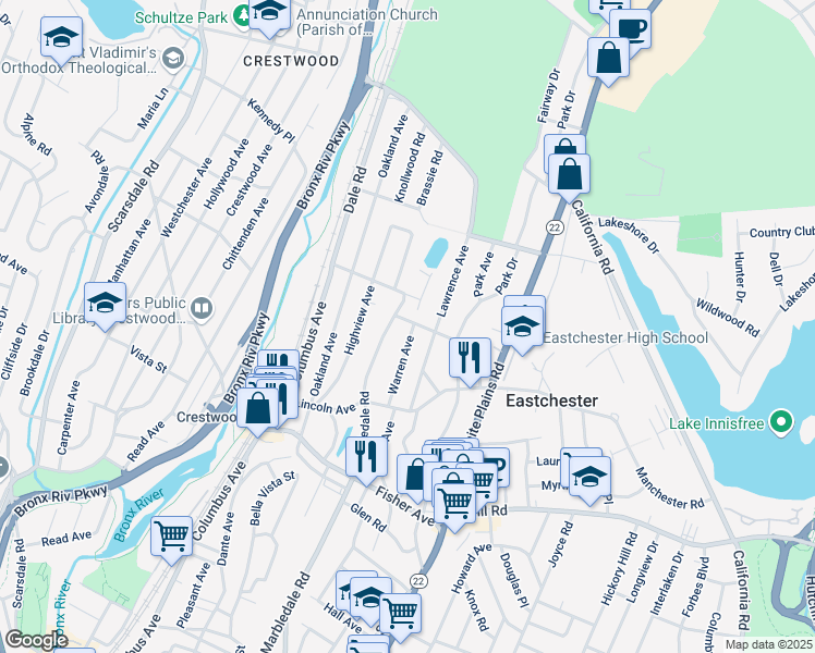 map of restaurants, bars, coffee shops, grocery stores, and more near 7 Stewart Avenue in Tuckahoe