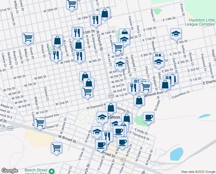 map of restaurants, bars, coffee shops, grocery stores, and more near 562 Pennsylvania 309 in Hazleton