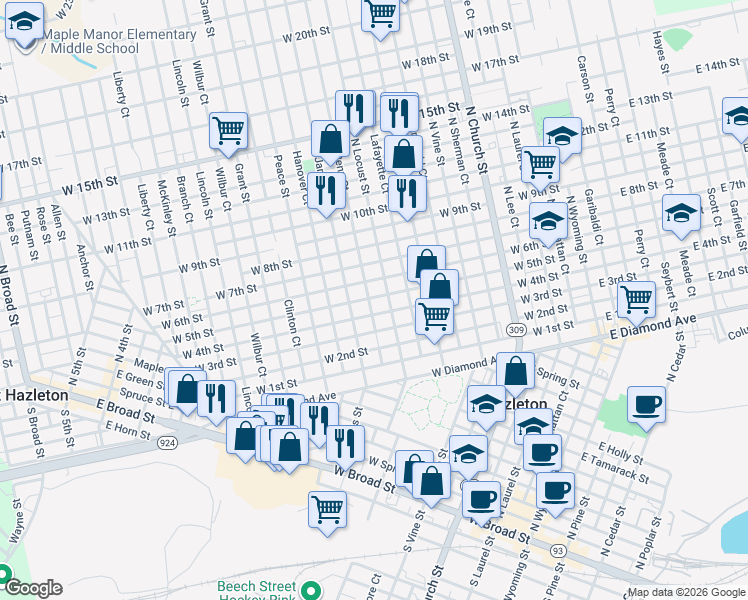 map of restaurants, bars, coffee shops, grocery stores, and more near 519 West 5th Street in Hazleton