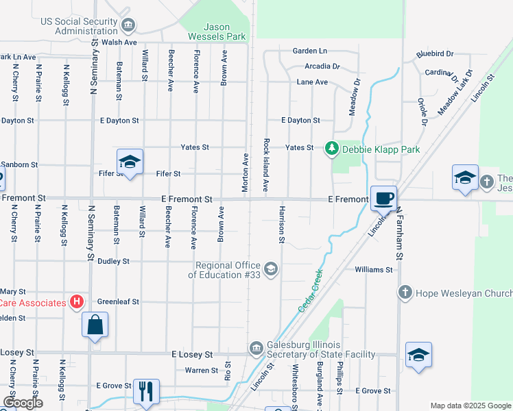 map of restaurants, bars, coffee shops, grocery stores, and more near 1000-1054 E Fremont St in Galesburg