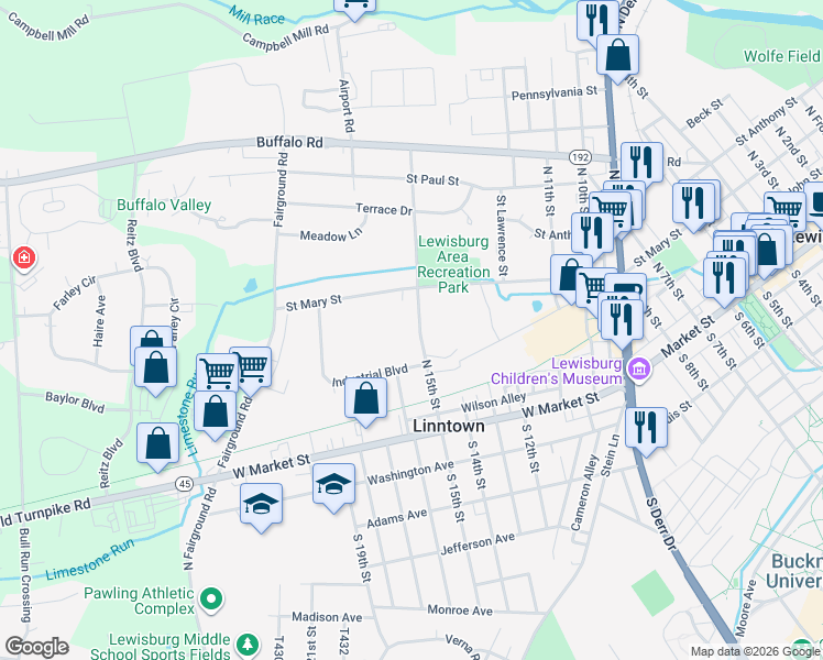 map of restaurants, bars, coffee shops, grocery stores, and more near 163-171 North 15th Street in Lewisburg