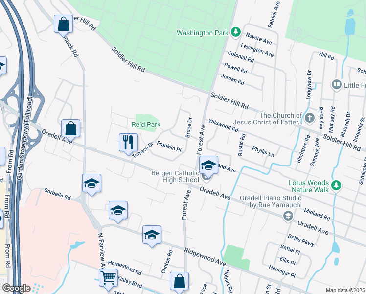 map of restaurants, bars, coffee shops, grocery stores, and more near 667 Bruce Drive in Paramus