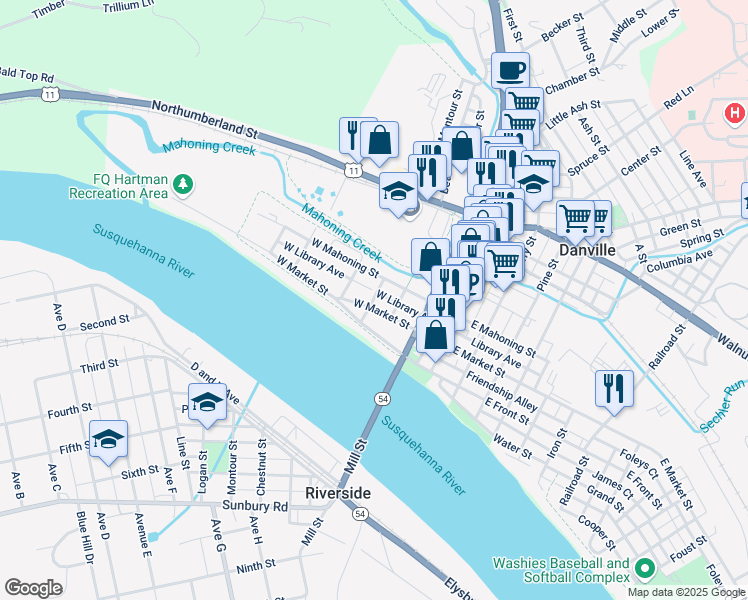 map of restaurants, bars, coffee shops, grocery stores, and more near Chestnut Street in Danville