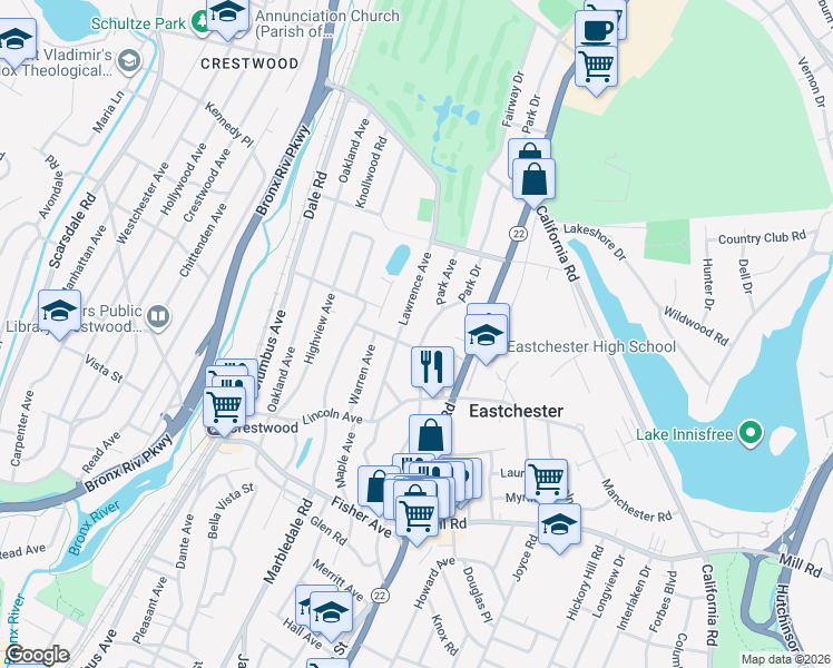 map of restaurants, bars, coffee shops, grocery stores, and more near 147 Park Avenue in Eastchester