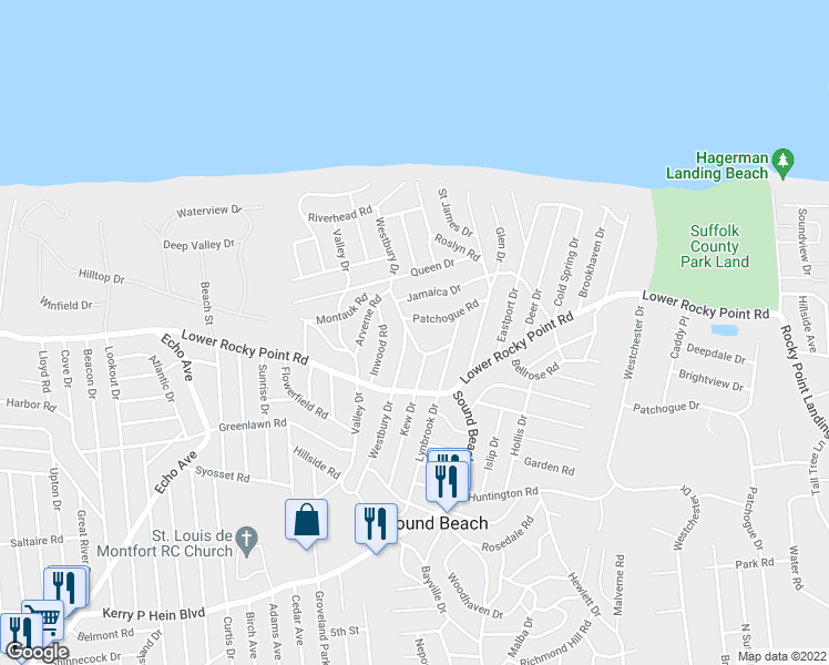 map of restaurants, bars, coffee shops, grocery stores, and more near 25 Oakdale Drive in Sound Beach
