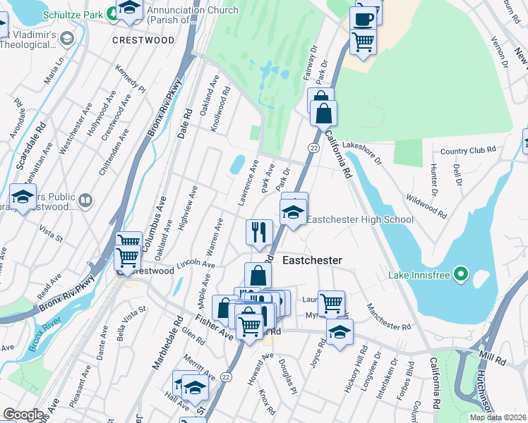 map of restaurants, bars, coffee shops, grocery stores, and more near 10 Apple Court in Eastchester