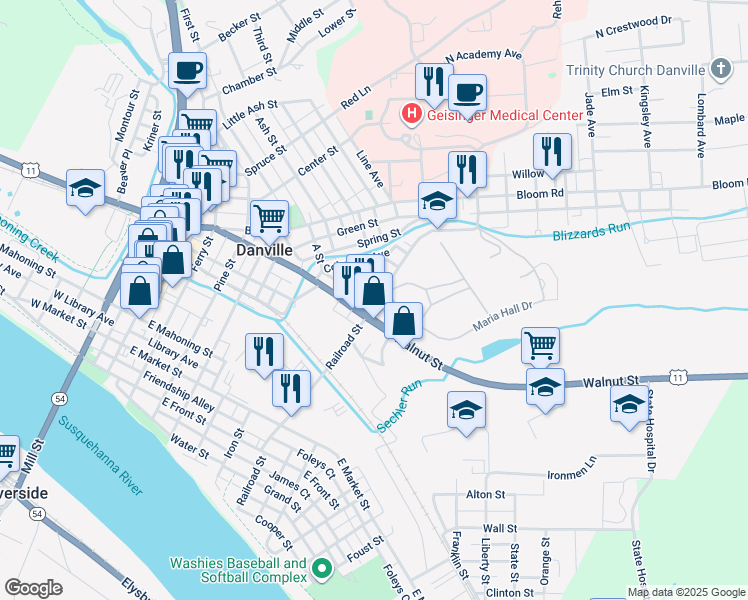 map of restaurants, bars, coffee shops, grocery stores, and more near 501-539 Walnut Street in Danville