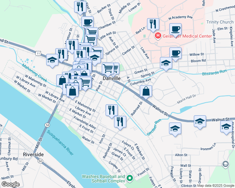 map of restaurants, bars, coffee shops, grocery stores, and more near 318 Lower Mulberry Street in Danville