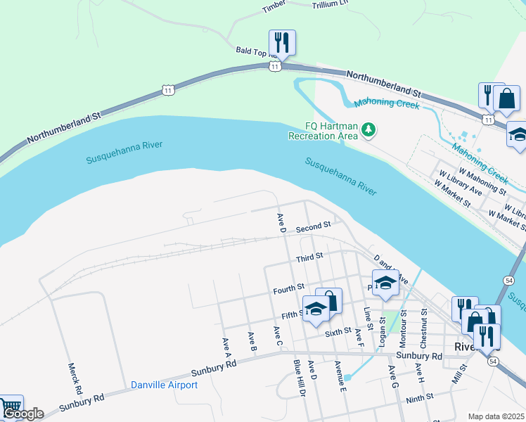 map of restaurants, bars, coffee shops, grocery stores, and more near Merck Road in Danville