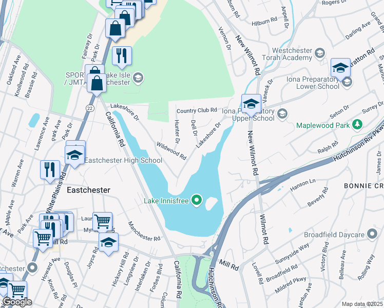 map of restaurants, bars, coffee shops, grocery stores, and more near Lakeshore Drive in Westchester County