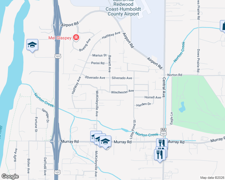 map of restaurants, bars, coffee shops, grocery stores, and more near 3021-3143 Barnett Avenue in McKinleyville