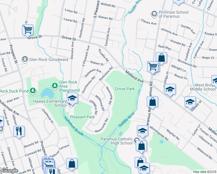map of restaurants, bars, coffee shops, grocery stores, and more near 665 Newcomb Road in Ridgewood
